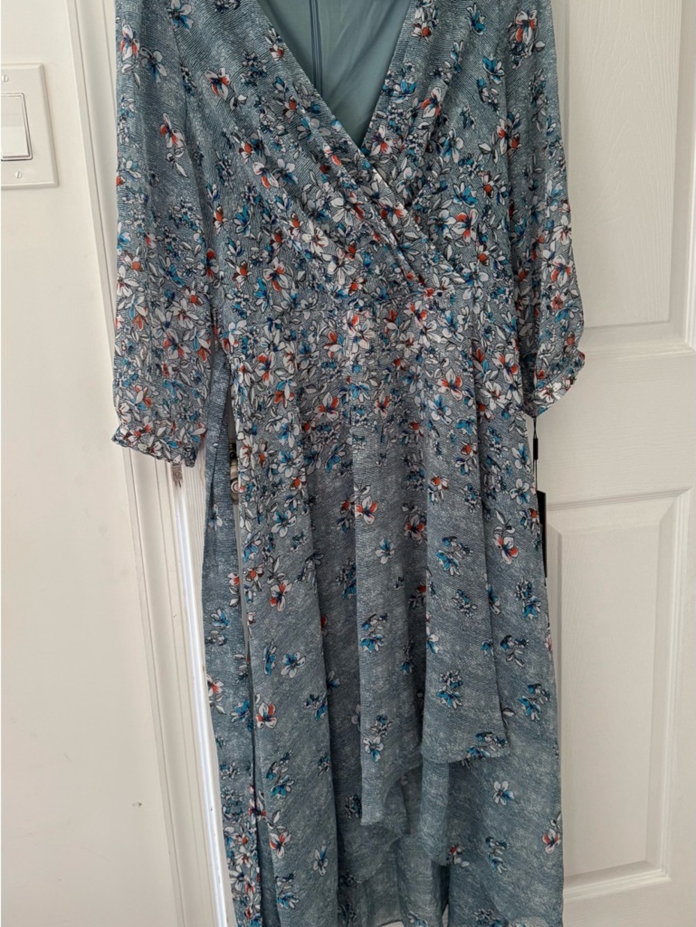Karl Lagerfeld Slate Blue Floral High-Low Wrap Dress